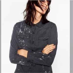 NEW ZARA Woman Distressed Black-Gray Paint Splatter Chambray Button Down Shirt